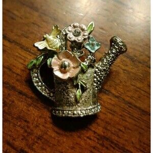 Vtg Premier Designs SilverTone Garden Watering Can Flower Brooch Pin Bee Signed